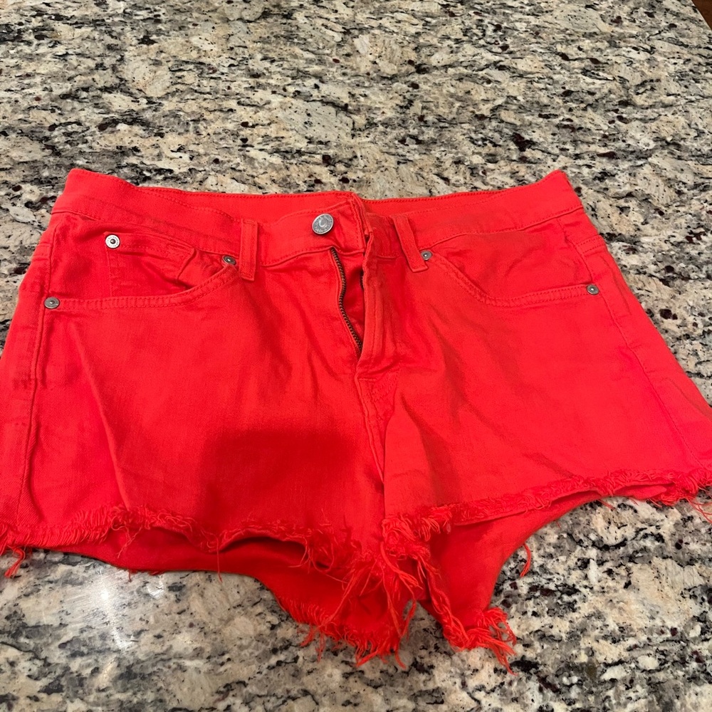 Red Frayed Hem Women's Denim Shorts